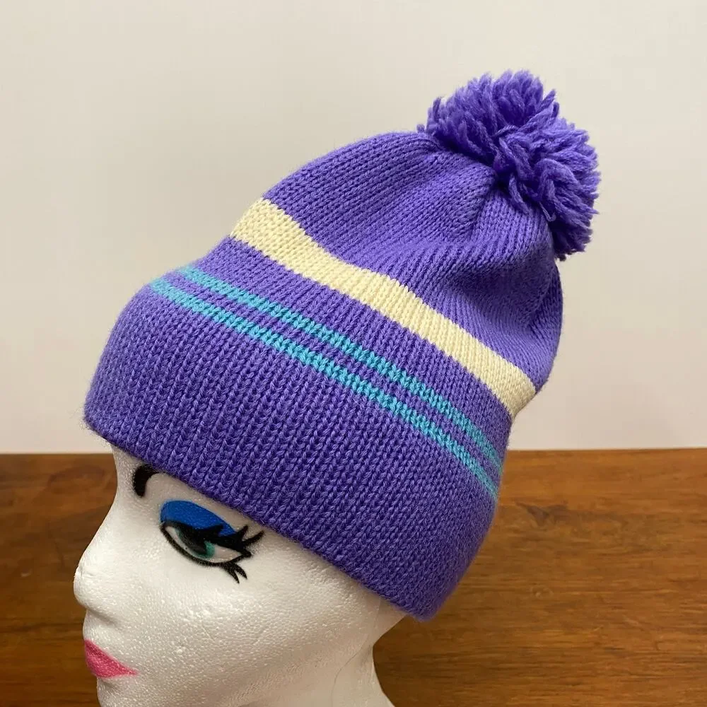 Vintage Meister 100% Wool Knit Pom Beanie Purple Blue‎ Striped Ski Hat Hong Kong